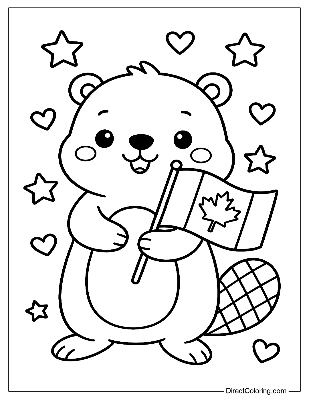 A cute cartoon beaver holding a Canadian flag. You can add some stars and hearts around it.